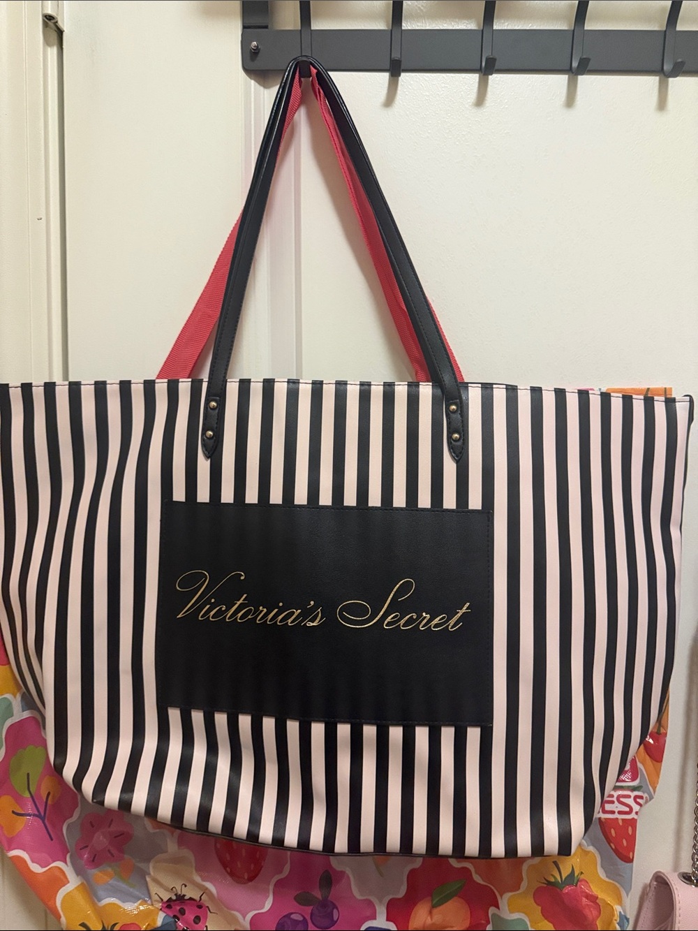Victoria's Secret Black and Pink Striped Logo Tote